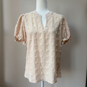 Women's Light Apricot Puff-Sleeve Polkadot V-Notch Blouse